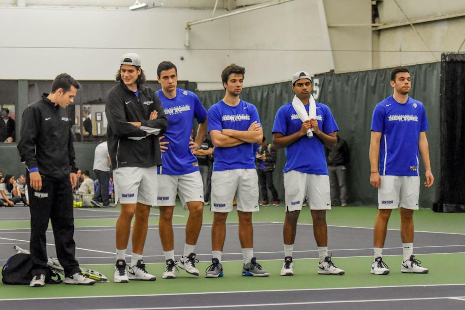 (Third in from left to right) The men’s tennis team’s seniors Amar Hromic, Pablo Alvarez and Akil Mehta, as well as Sergio Arevailillo (not pictured), had their UB careers come to an end on Friday with the Bulls’ season-ending loss in the Mid-American Conference Championships Semifinals.