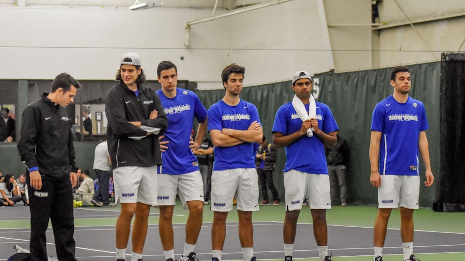 (Third in from left to right) The men’s tennis team’s seniors Amar Hromic, Pablo Alvarez and Akil Mehta, as well as Sergio Arevailillo (not pictured), had their UB careers come to an end on Friday with the Bulls’ season-ending loss in the Mid-American Conference Championships Semifinals.