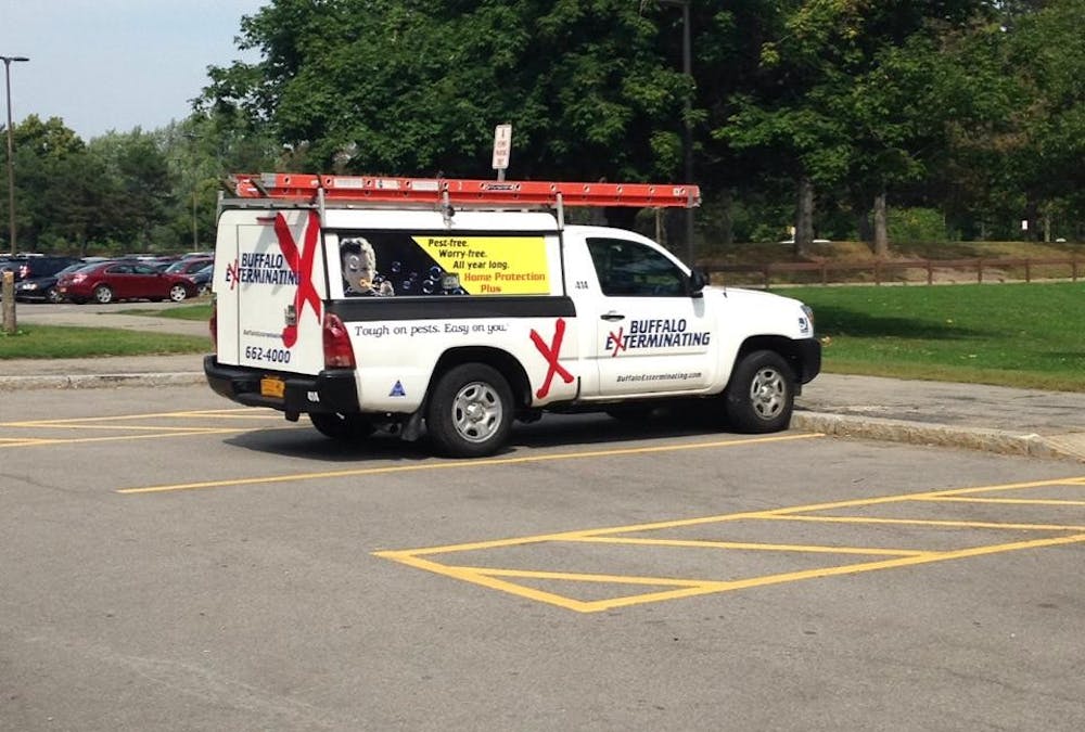 <p>A Buffalo Exterminating van parks outside the Ellicot Complex. UB has had four confirmed cases of bed bugs, but none in Ellicot, as the only calls for Ellicot were for a mouse and spiders. </p>