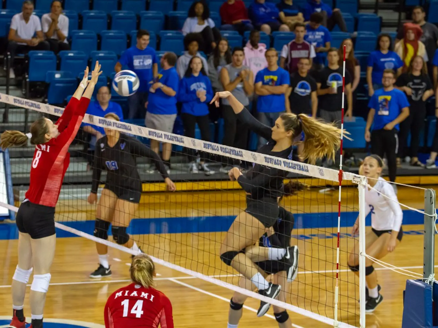 Senior midblocker Megan Wernette looks for the spike in a game at home. The Bulls beat the Bowling Green Falcons Saturday.