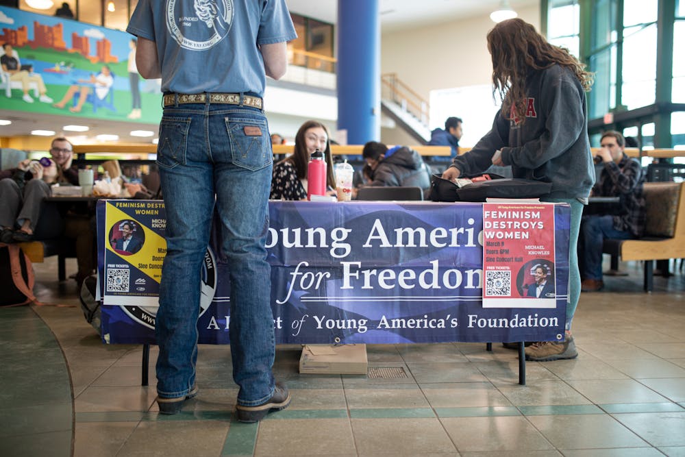 <p>Young Americans for Freedom, a conservative club at UB, promotes Michael Knowles' 2023 speech on campus.</p>