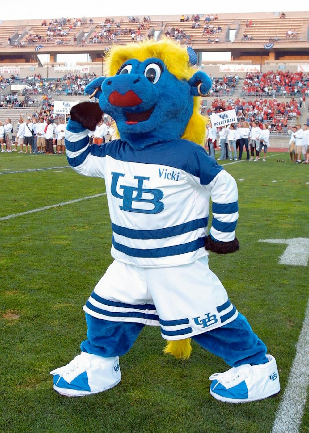 <p>Victoria S. Bull flexes her muscles during her first appearance at a UB Football game against the Rutgers Scarlet Knights in Aug. 2001. Victoria debuted during the 2001-02 academic year, but fans have not seen Victoria in roughly eight years.</p>