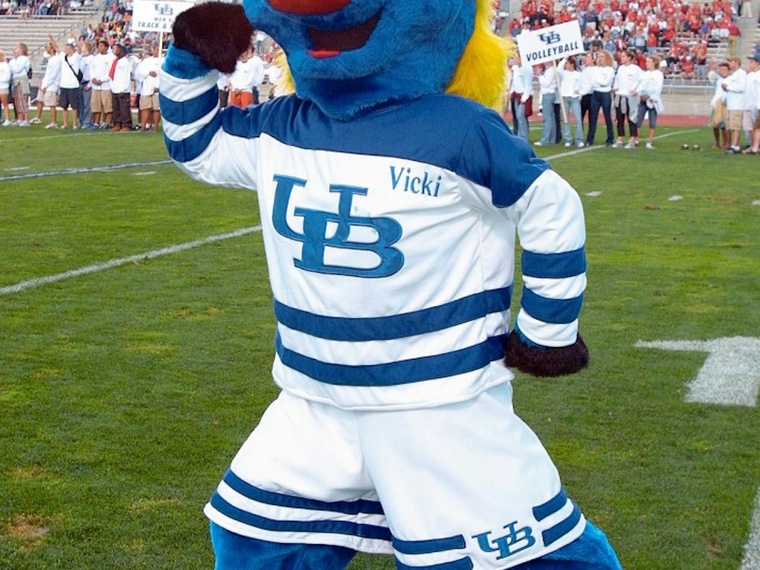 Victoria S. Bull flexes her muscles during her first appearance at a UB Football game against the Rutgers Scarlet Knights in Aug. 2001. Victoria debuted during the 2001-02 academic year, but fans have not seen Victoria in roughly eight years.