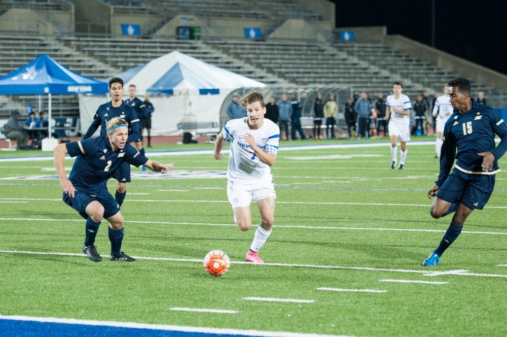 <p>Junior midfielderRussell Cicerone in a 2-1 loss to No. 8 Akron at UB Stadium earlier this month. Cicerone scored the game-winning goal against Bowling Green Friday night to send the Bulls to the MAC Tournament for the first time since 2011. </p>