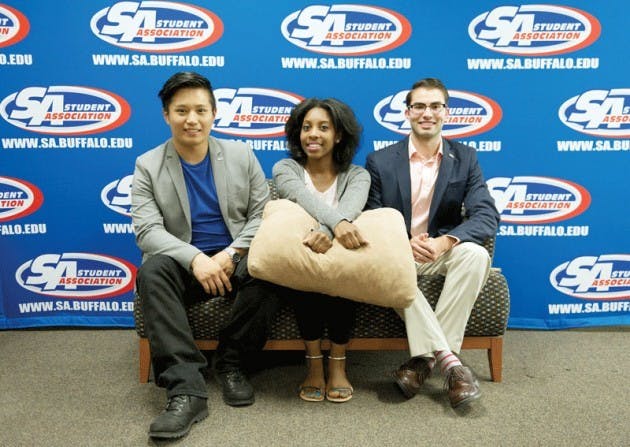 The Student Association will be led by Vice President Evan Chen, Treasurer Sade Cadle and President James Ingram (photographed left to right) this coming school year. The student leaders have advice for freshmen entering college life: get involved.&nbsp;Yusong Shi, The Spectrum