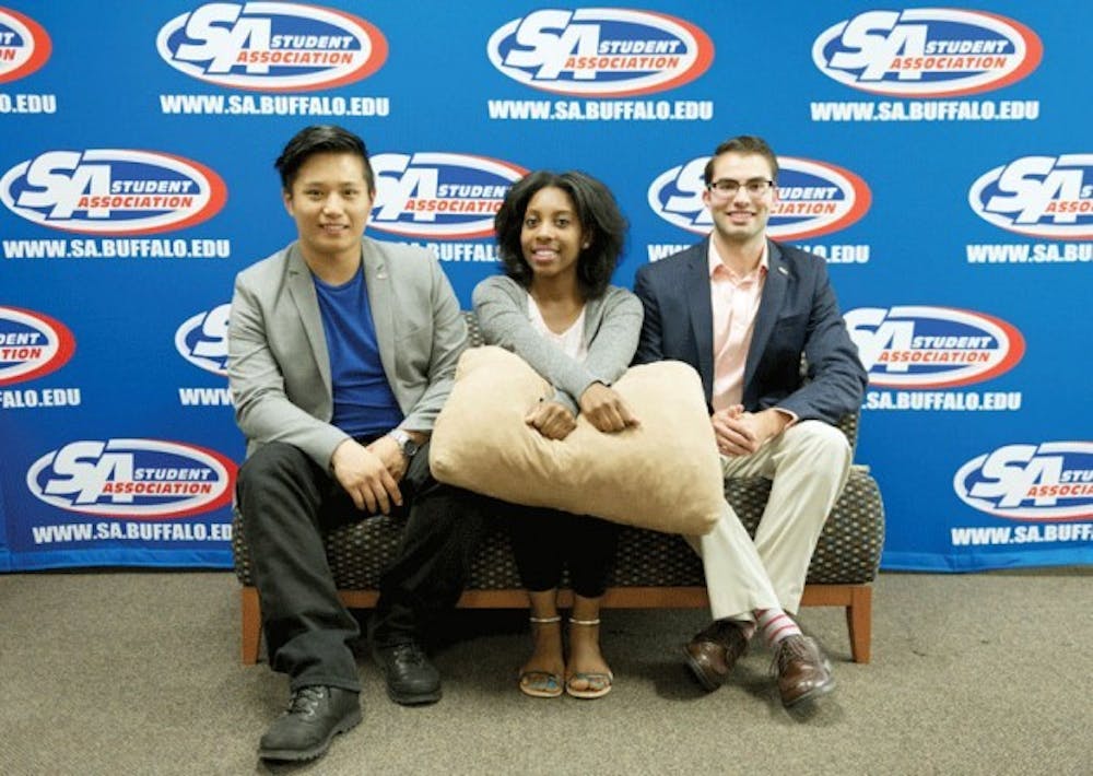 The Student Association will be led by Vice President Evan Chen, Treasurer Sade Cadle and President James Ingram (photographed left to right) this coming school year. The student leaders have advice for freshmen entering college life: get involved.&nbsp;Yusong Shi, The Spectrum