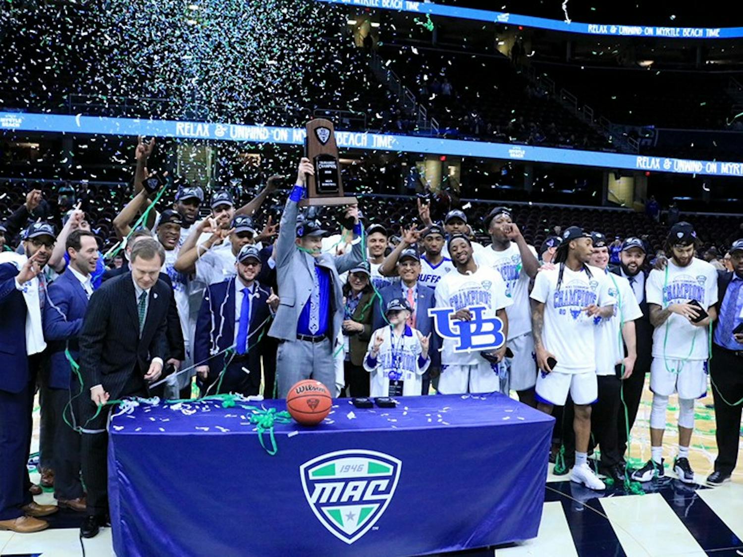 The men’s basketball team celebrates their MAC Title victory in Quicken Loans Arena. The MAC Title ranks third on The Spectrum’s list of top 10 events in March.