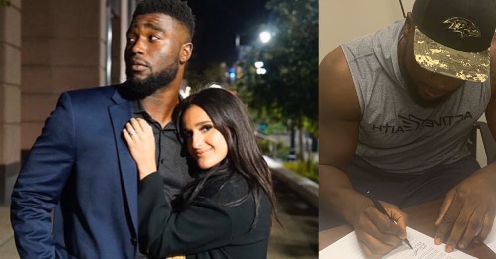 Former UB football star Demone Harris with fiancee Arianna Marinelli (left), Harris signs with Baltimore Ravens (right).