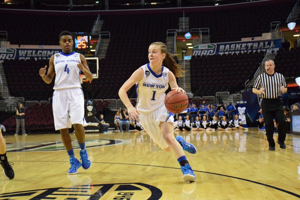 <p>Junior guard Joanna Smith (left) and sophomore guard Stephanie Reid (right) compete in a&nbsp;63-60 victory over Western Michigan in MAC Tournament Quarterfinals last season. The dynamic backcourt duo will be crucial for Buffalo this season.&nbsp;</p>