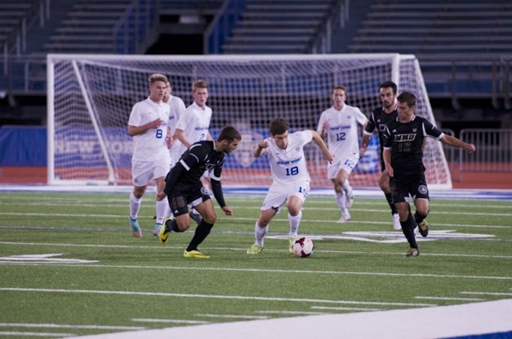 Freshman midfielder Abdulla Al-Kalisy dribbles a ball through the Western Michigan defense.
The Bulls will continue their play on Friday when they take on Bowling Green. &nbsp;Kainan Guo, The Spectrum