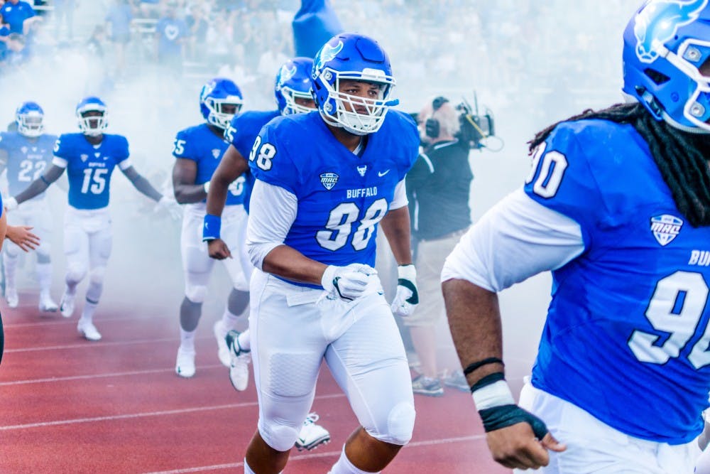The Bulls make their way out the tunnel for a game at UB Stadium. Buffalo is on the road this week to take on the Central Michigan Chippewas.