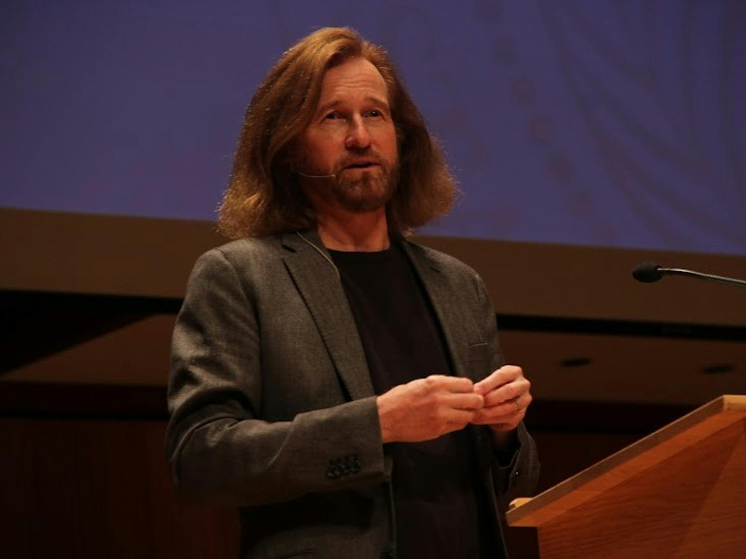 Pulitzer Prize-winner Tom Toles speaks to the audience. Toles, a UB and Spectrum alumnus,&nbsp;visited UB Thursday as part of UB's fourth annual Signature Series.