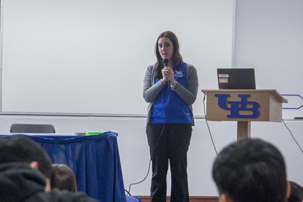 <p>Meredith Morrell, a graduate student, presents the&nbsp;Networking for Introverts program on the third floor of the Student Union Tuesday.&nbsp;</p>