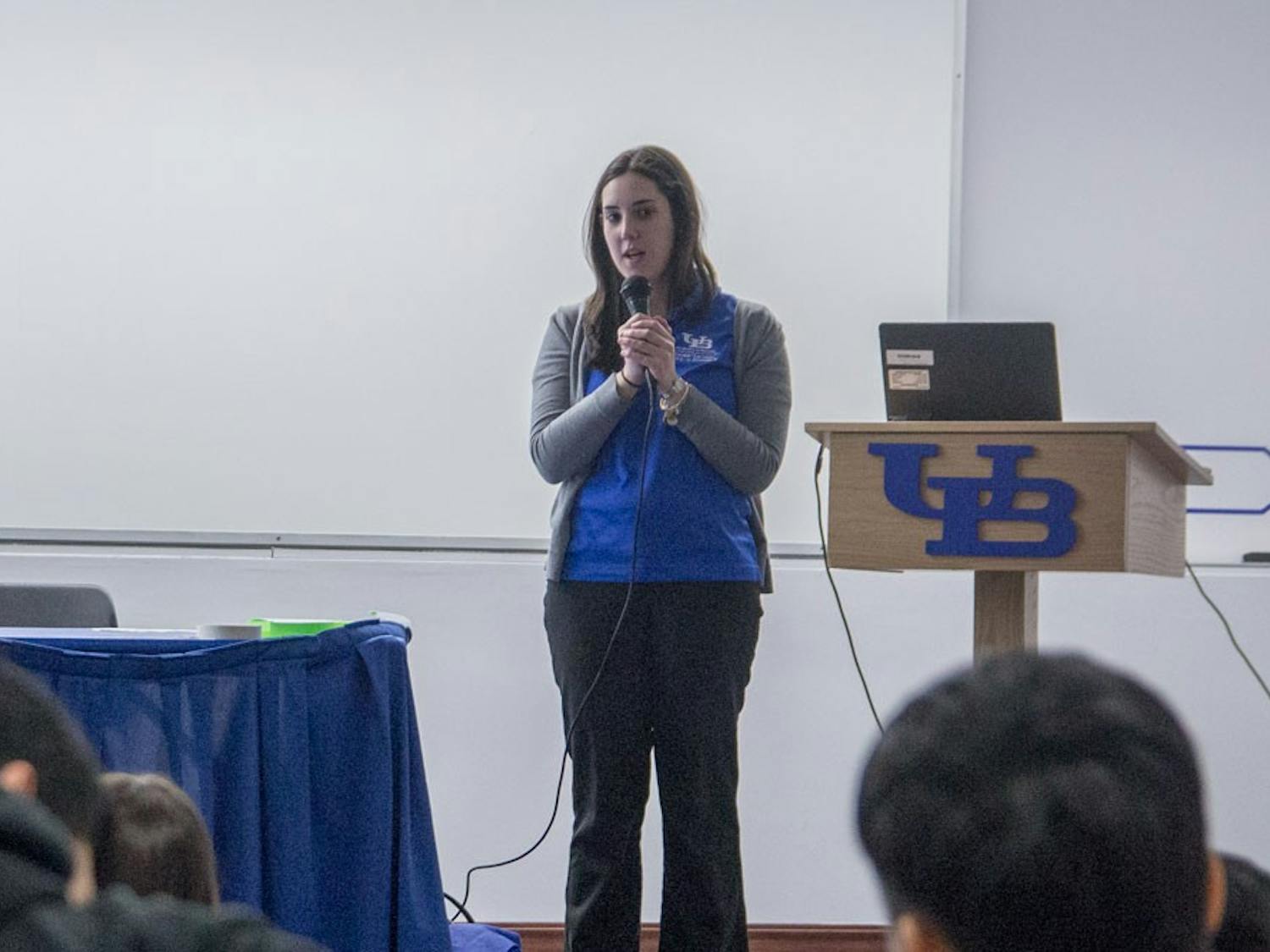 Meredith Morrell, a graduate student, presents the&nbsp;Networking for Introverts program on the third floor of the Student Union Tuesday.&nbsp;