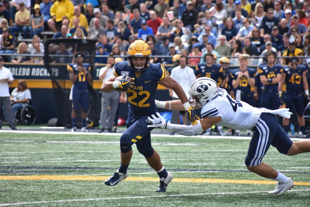 <p>Toledo sophomore running back Bryant Koback breaks a tackle during a 28-21 victory over BYU.</p>