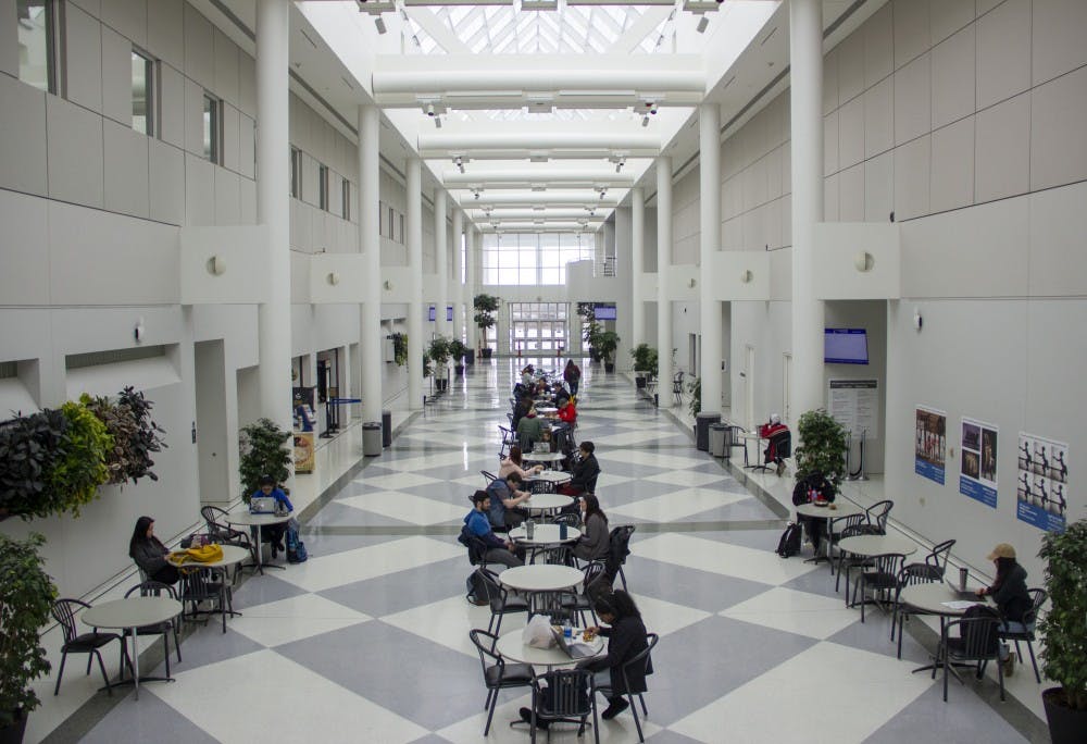 <p>The Center for the Arts hall is filled with natural light and lots of seating, making this campus location one of the best places to have some healthy alone time during lunch.&nbsp;</p>