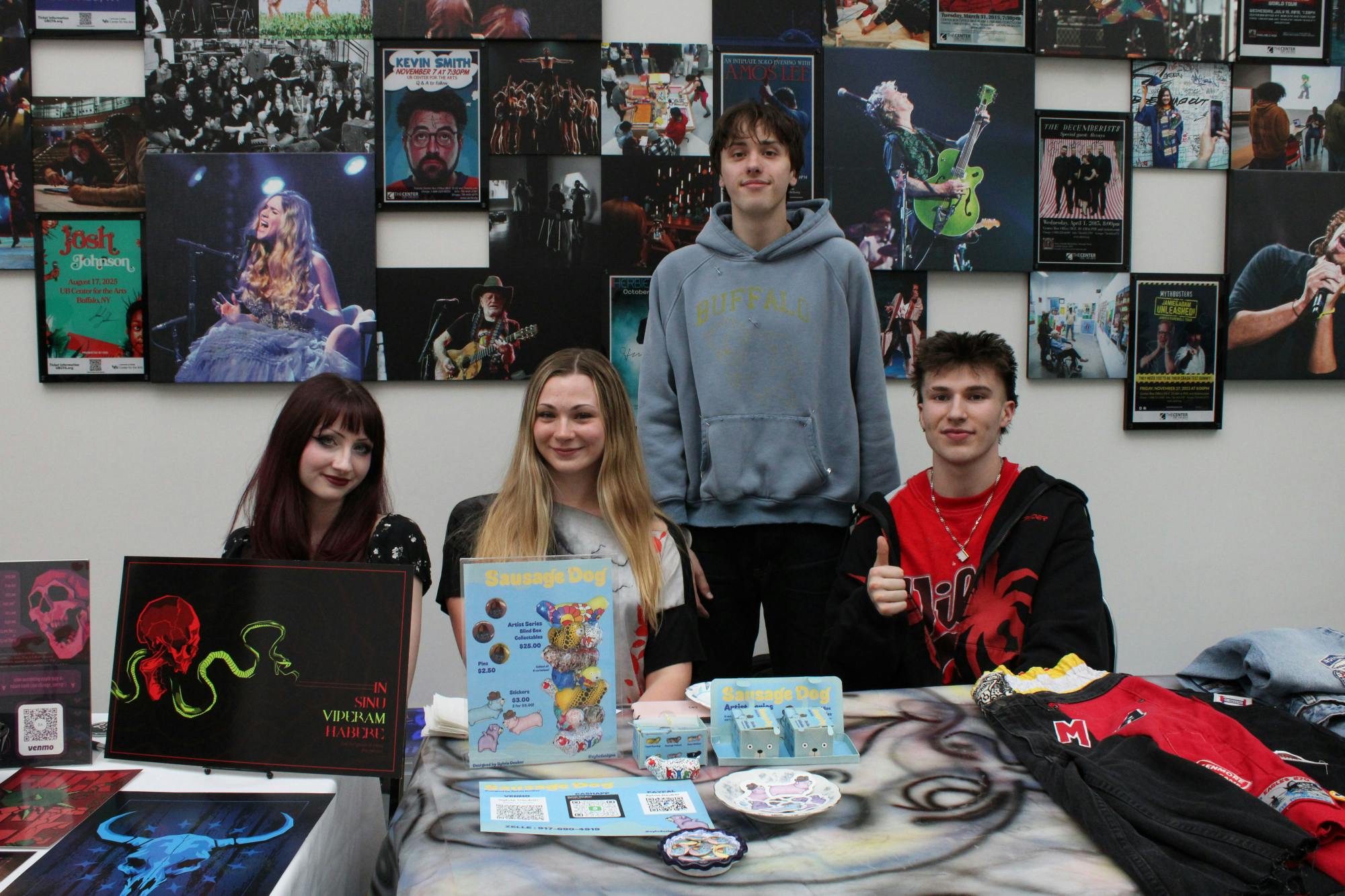 Left: Emma Anders and Sylvie Deuber, Studio Art Students. Right: Markus Phillps, Founder of Inna coma, and Ty Zizzi, Founder of Beau Garçon