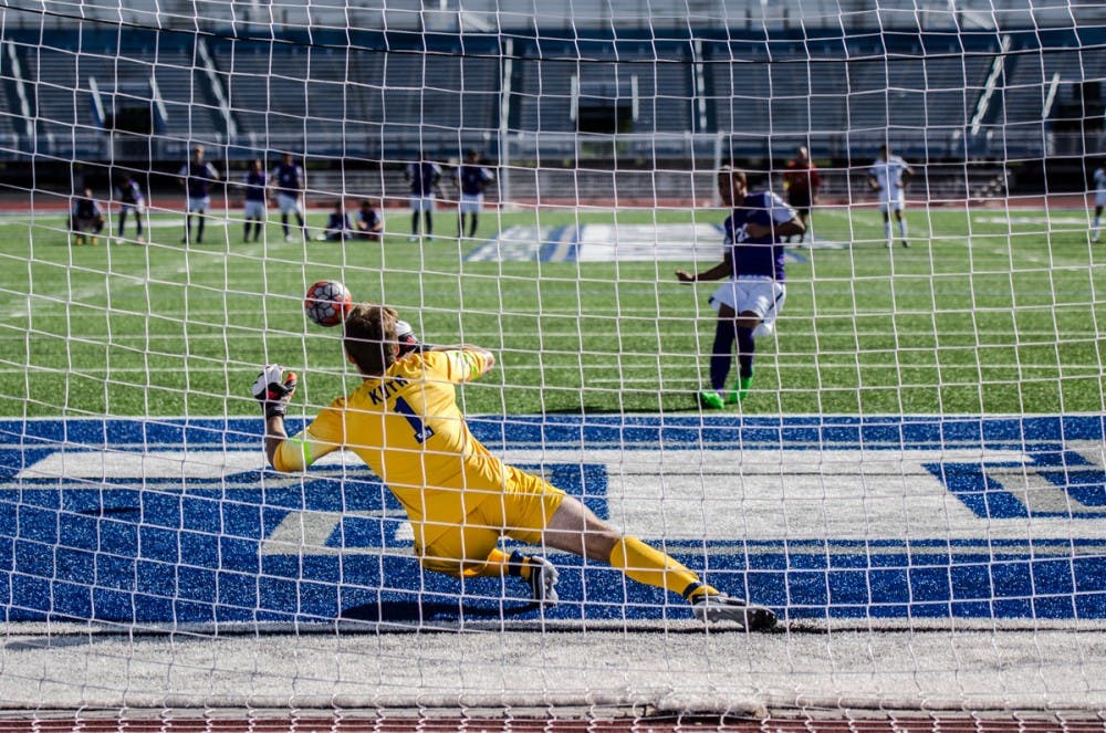 <p>Sophomore goalkeeper Joseph Kuta blocks a Niagara penalty kick to help the Bulls win the penalty shootout after a 2-2 draw in double overtime. </p>