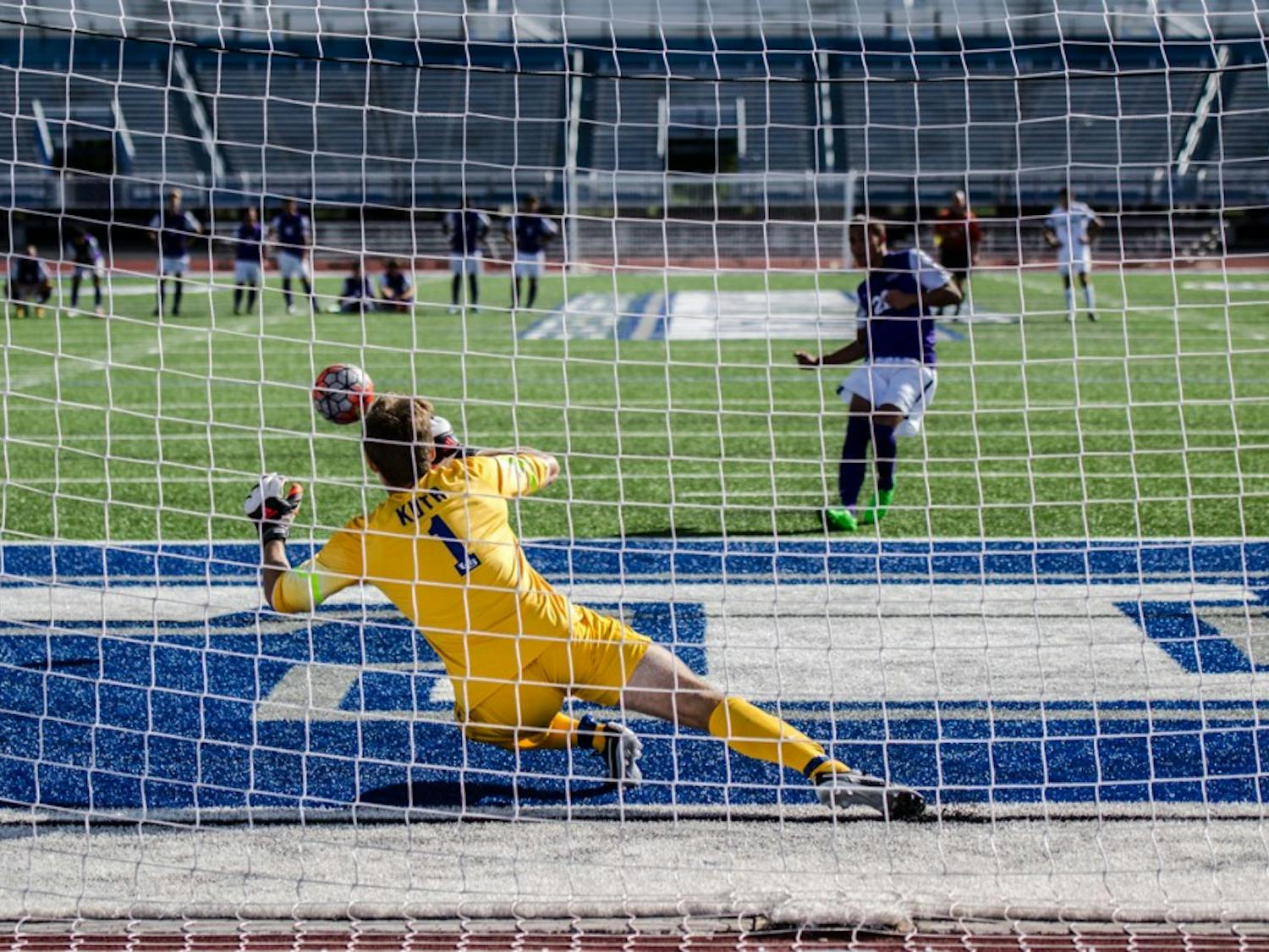 Sophomore goalkeeper Joseph Kuta blocks a Niagara penalty kick to help the Bulls win the penalty shootout after a 2-2 draw in double overtime. 