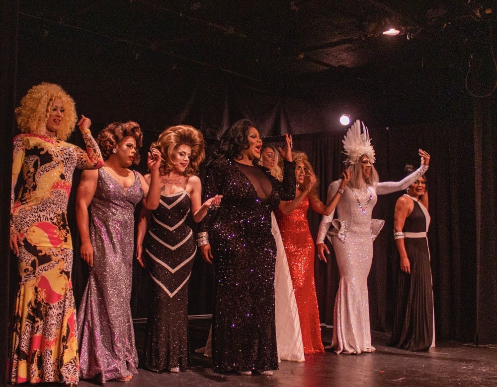 <p>Drag Queens performing at Sheas Smith Theatre Friday night. From left to right Nicki Monroe, Cece Vergara, Sasha Storm, Keke Valasquez-Lord, Winter Storm, Chyna Dior, Bebe Bvlgari and Armani.</p>