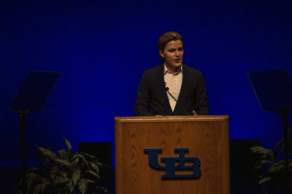 <p>Pulitzer Prize-winning journalist Ronan Farrow spoke about the power of journalism and diplomacy as part of UB's Distinguished Speaker Series on Thursday night in the Center for the Arts.&nbsp;</p>