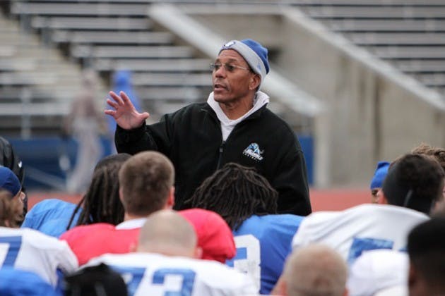 Interim head coach Alex Wood addresses his team after practice Tuesday. Wood&rsquo;s first game as head coach will be this Saturday against Central Michigan.&nbsp;Yusong Shi, The Spectrum