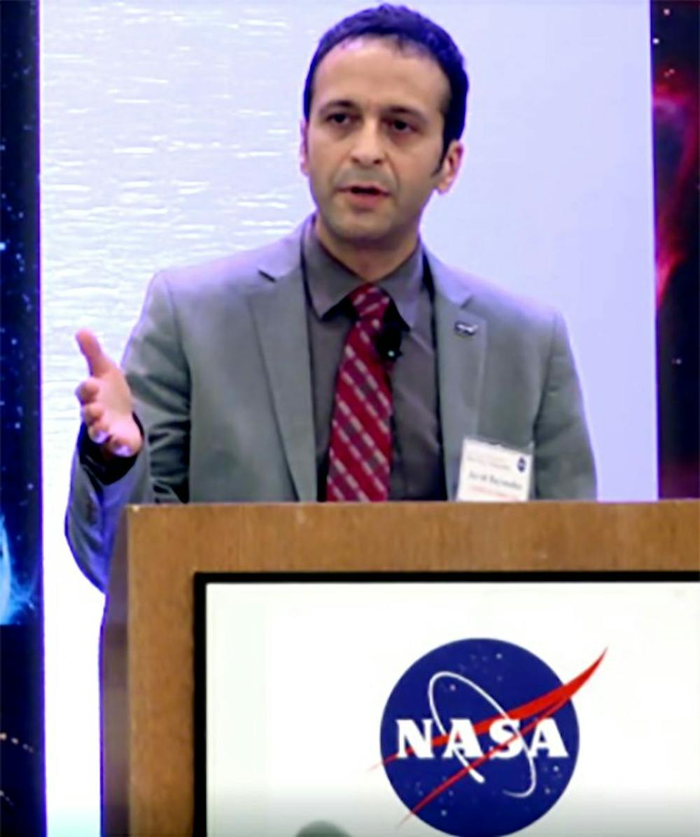 <p>Javid Bayandor, aerospace engineering professor, stands in front of a podium. Bayandor is suing his former employer, Virginia Tech University for alleged discrimination.</p>