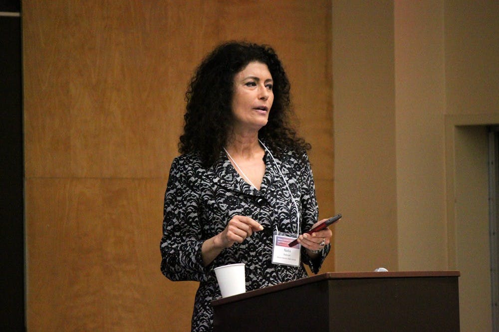 <p>Nadia Shahram, an adjunct faculty at the UB Law School, was one of many speakers at Friday's&nbsp;violence against women symposium.&nbsp;</p>