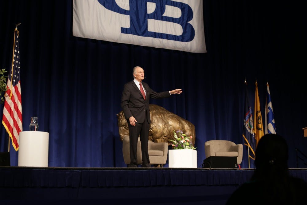 <p>Actor, director, screenwriter and science communicator Alan Alda spoke at Alumni Arena Wednesday night as part of UB’s 31st annual Distinguished Speakers Series. Alda discussed the value of clear and empathetic scientific communication.</p>