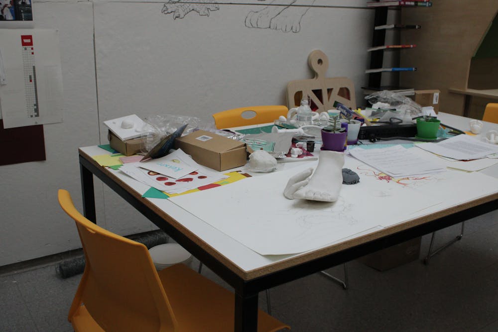 <p>A work station holds Jiaye You's unfinished artwork for MEMORIA, this year's senior thesis exhibition.&nbsp;</p>