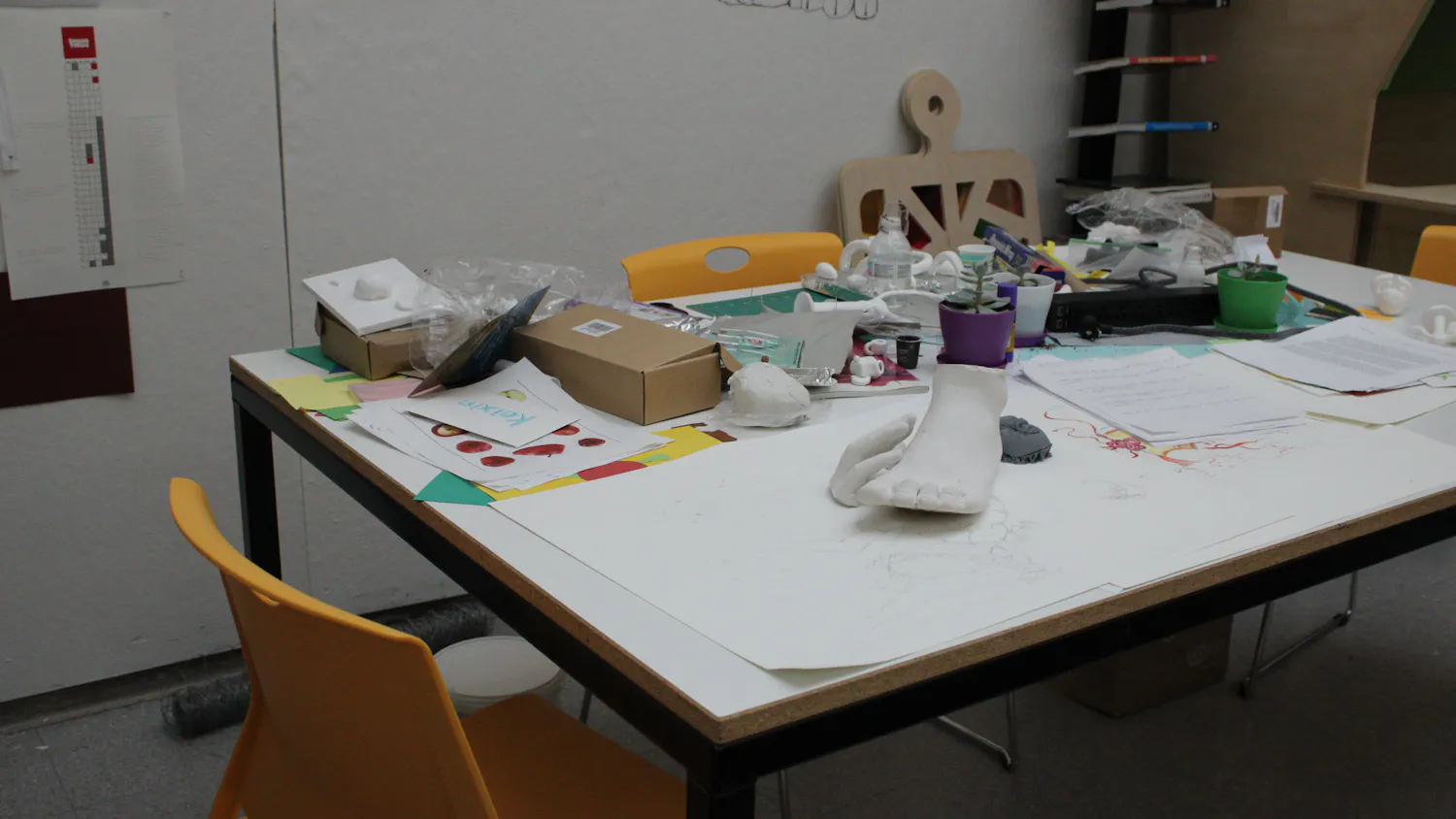 A work station holds Jiaye You's unfinished artwork for MEMORIA, this year's senior thesis exhibition. 