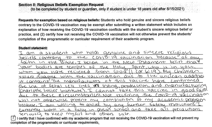 A student cites Corinthians 6:19 as part of the basis for his request to not receive the mandatory COVID-19 vaccine.