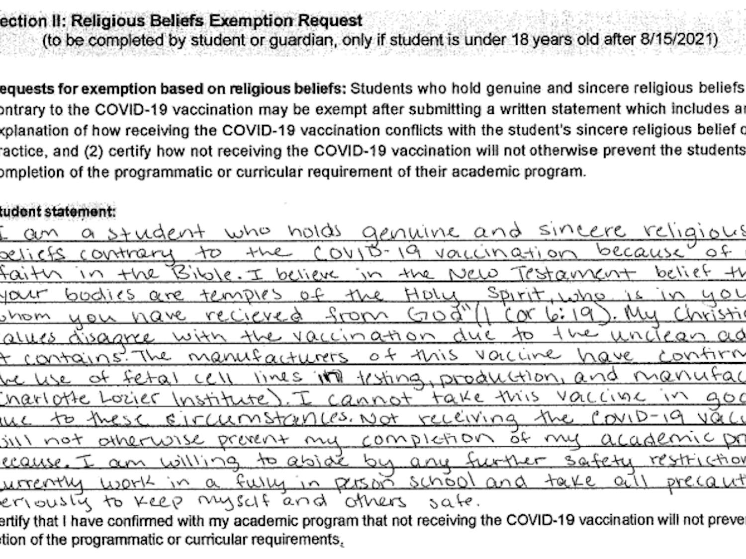 A student cites Corinthians 6:19 as part of the basis for his request to not receive the mandatory COVID-19 vaccine.