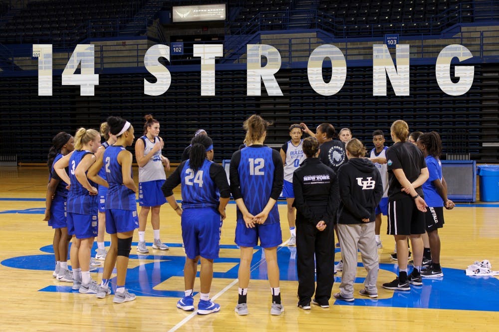 <p>Head coach Felisha Legette-Jack talks to her team after a practice. Jack hopes to create a family atmosphere around her players where everyone is involved.</p>