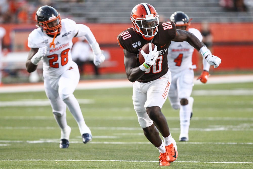 <p>Junior wide receiver Quintin Morris finds an open lane during a 46-3 victory over Morgan State.</p>