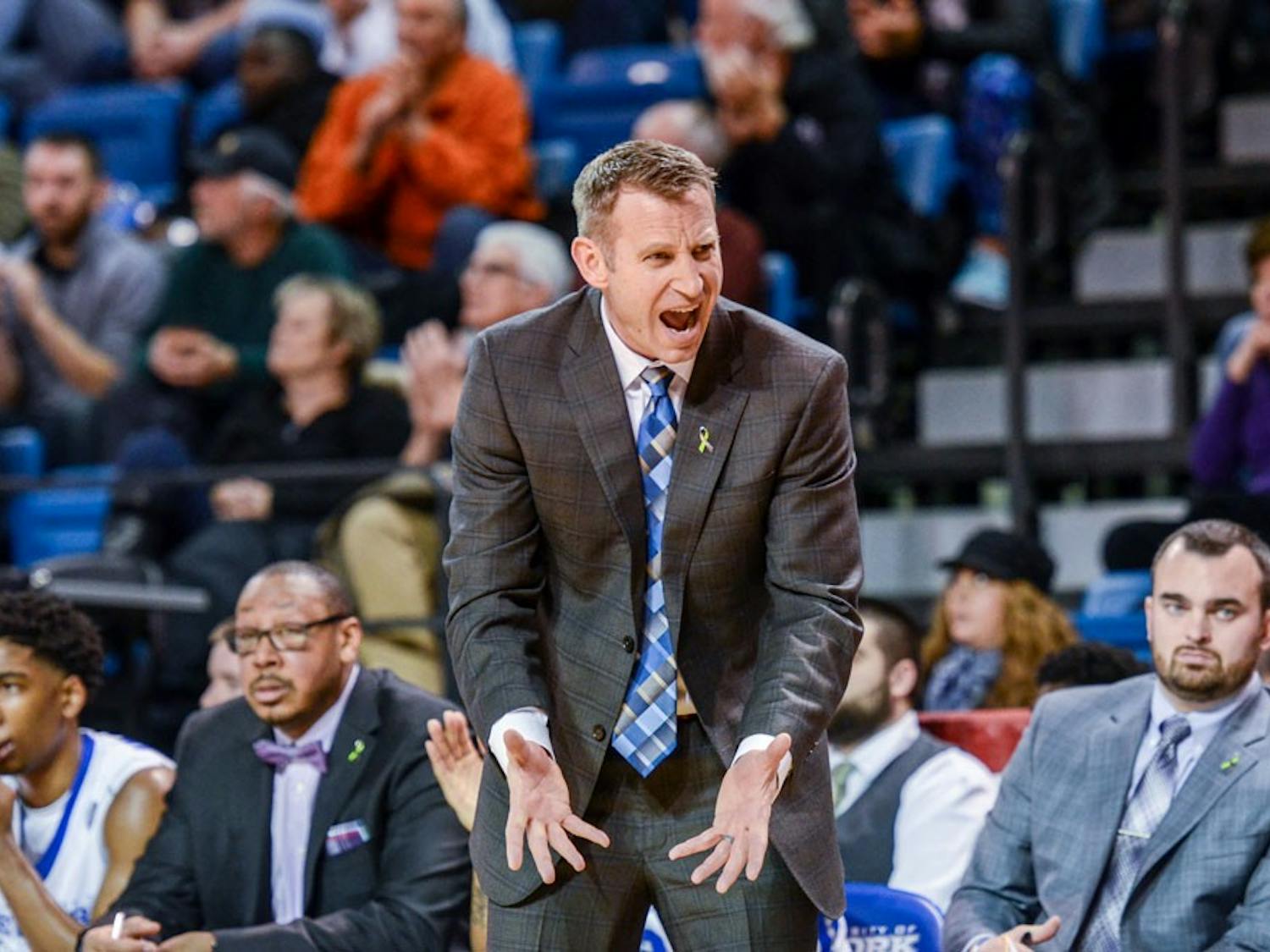 Head coach Nate Oats disagrees with a call during the Bulls' 71-69 loss to Toledo at Alumni Arena on Feb. 9. 