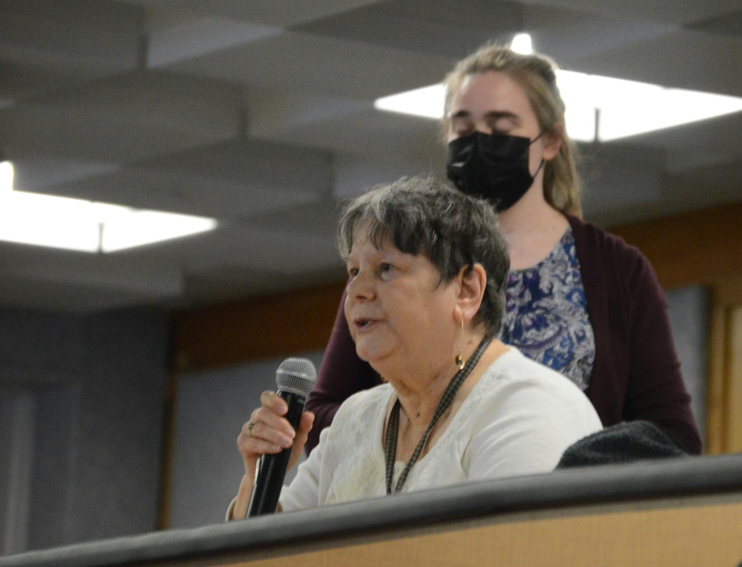 History professor Liana Vardi speaks in favor of an informal confidence vote at Tuesday's CAS faculty meeting, after low attendance at the meeting prevented a formal vote.