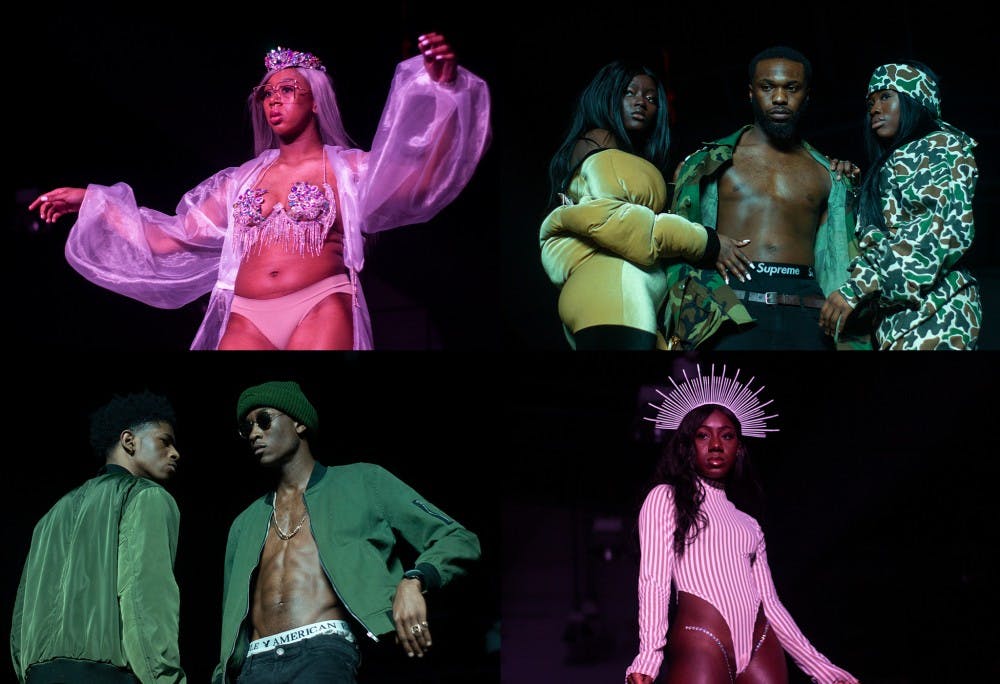 <p>Students model clothing at Saturday’s Black Explosion fashion show. The Black Student Union’s annual event highlighted clothing lines from independent artists.</p>