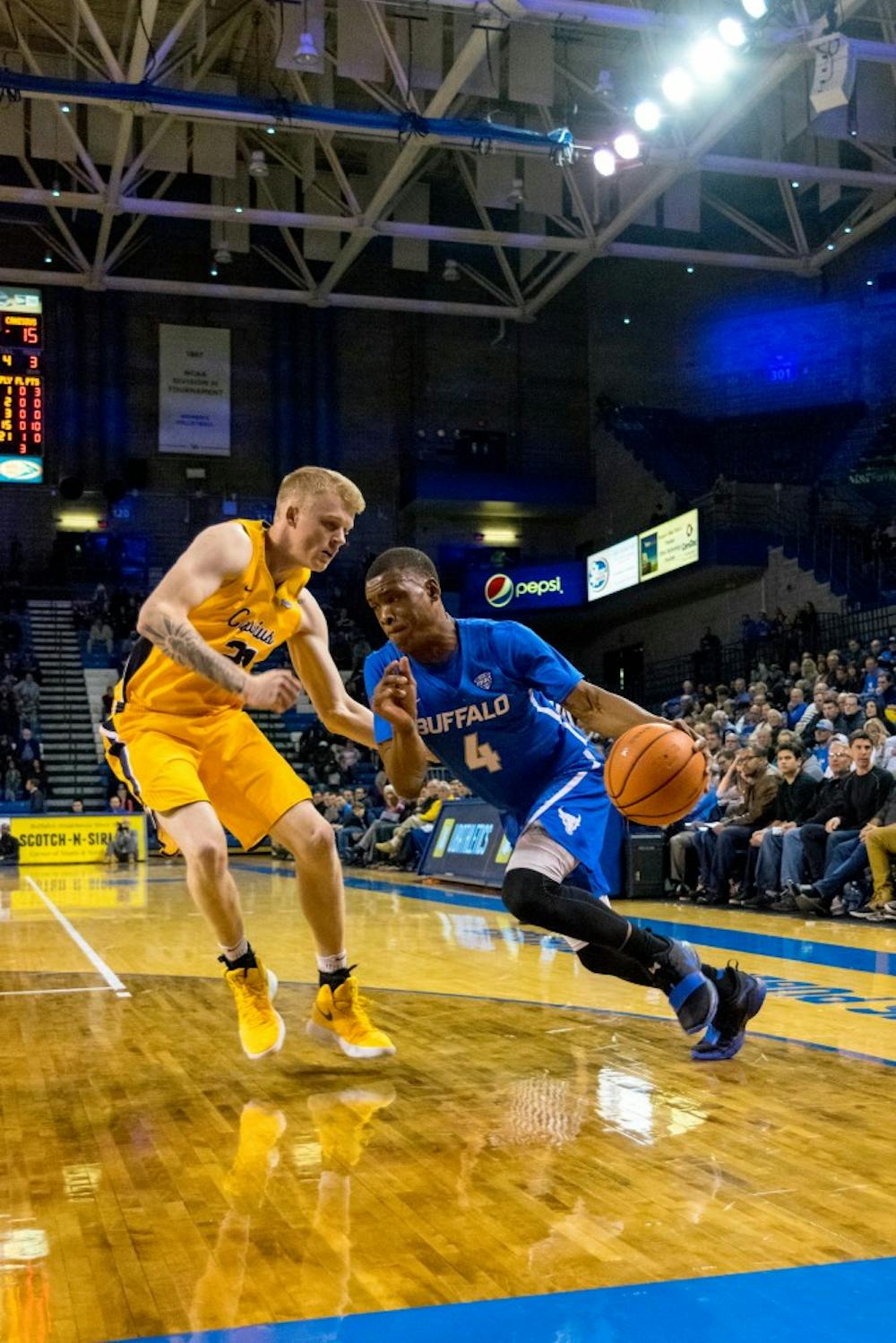 <p>UB’s guards look to attack with the basket. The Bulls are looking to find a permanent fixture for a player to run the point guard position.</p>