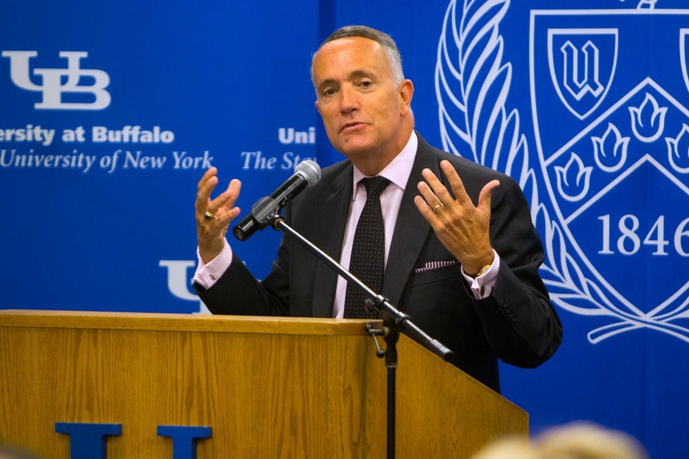 <p>Former Vice President Dennis Black speaks in front of faculty and students.&nbsp;Black and&nbsp;former Director of Campus Living Andrea Costantino&nbsp;will appear&nbsp;before State Supreme Court Justice John L. Michalski Thursday morning and are expected&nbsp;to plead guilty to felony charges of stealing hundreds of thousands of dollars from a UB bank account.&nbsp;</p>