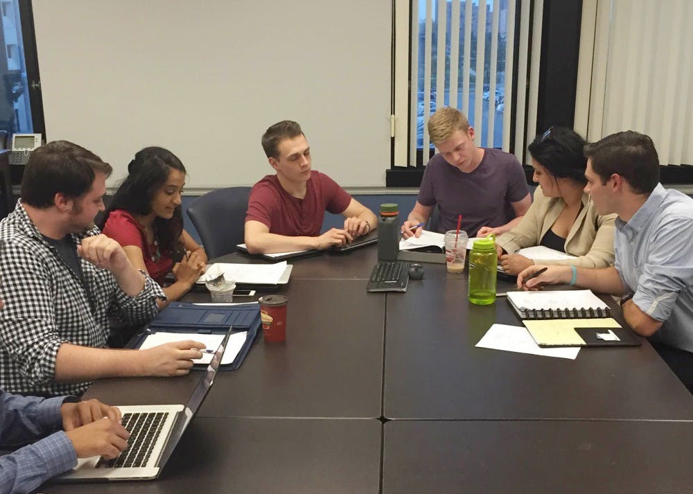 <p>(From left to right) Peter Bloomingdale, Minahil Khan, Sean Kaczmarek, Joe Pace, Alexis Ogra, Scott Van Patten at Tuesday's SBI board meeting. SBI board members discussed ticket prices at the first meeting of semester.</p>