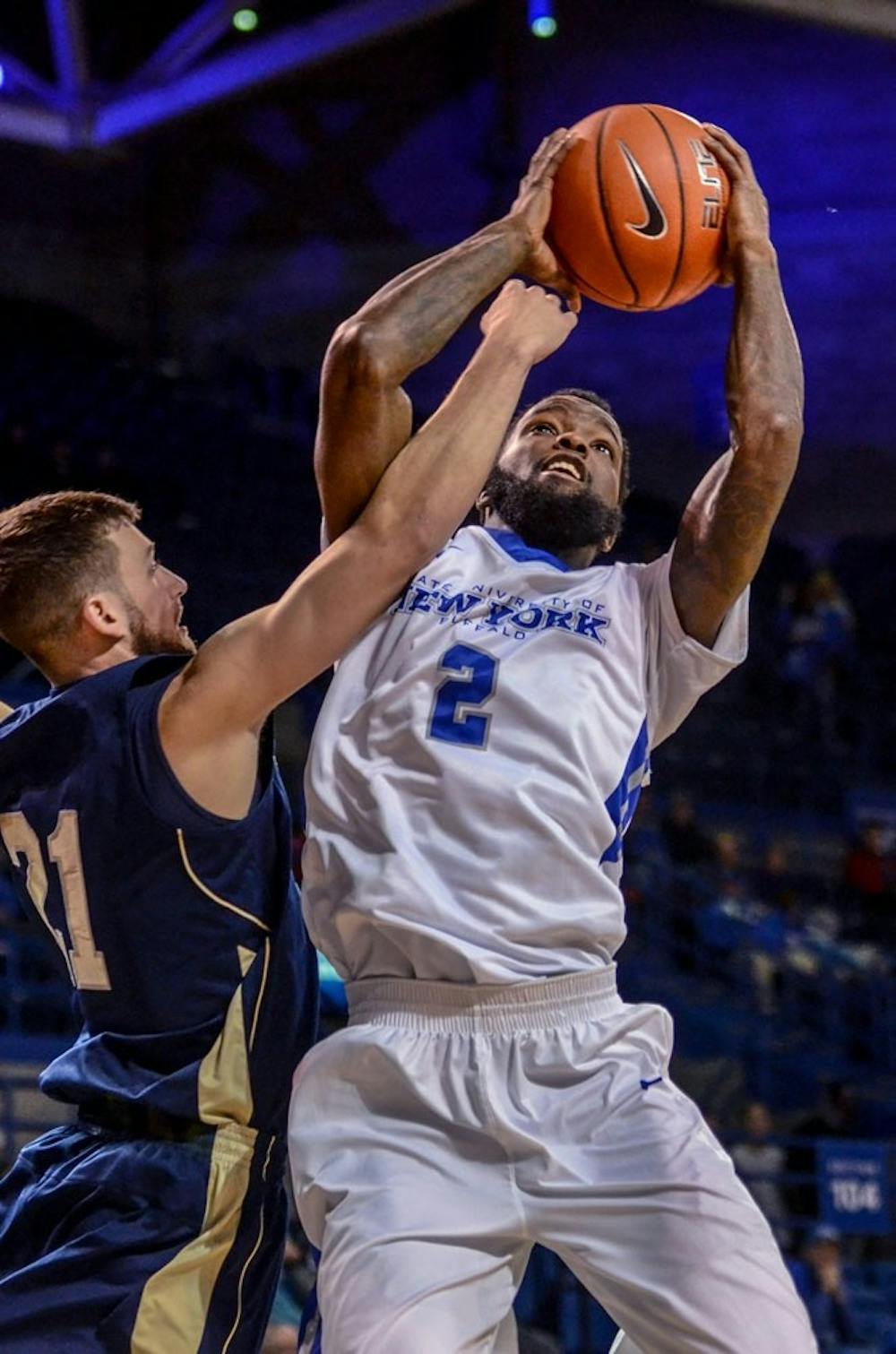 <p>Willie Conner goes to the basket against Pittsburgh&nbsp;at Bradford in Buffalo's season-opening game in November. Conner had 23 points for the Bulls in their 99-79 victory over Delaware at Alumni Arena Tuesday night.&nbsp;</p>