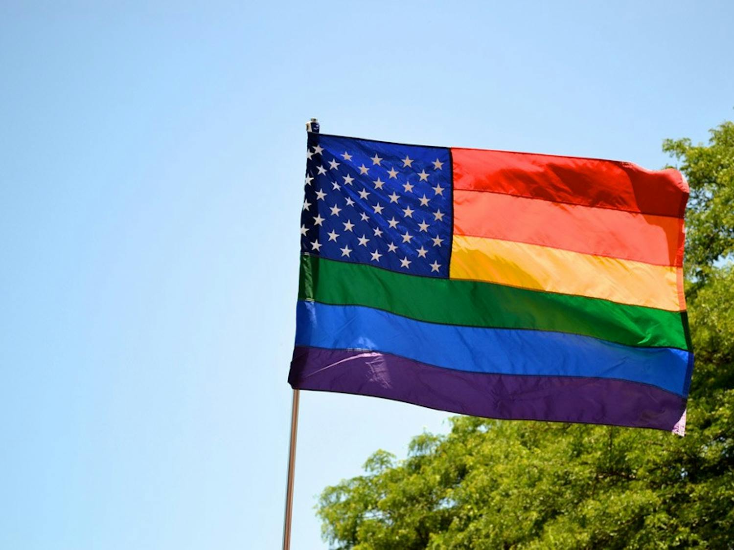 A gay pride flag is waved. The Supreme Court is currently reviewing whether states have the right to ban same-sex marriage and not recognize same-sex marriages performed in other states.