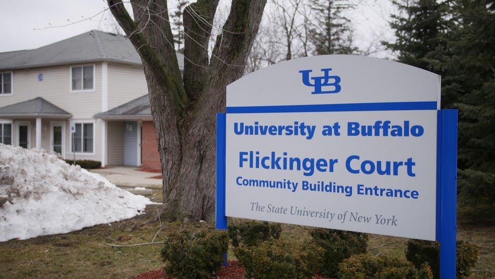 <p>Flickinger Court, located across the street from North Campus off Chestnut Ridge Road, is one of two on-campus apartment options for graduate students. On-campus rents have risen in recent years, and many graduate students are opting to live off-campus as a result.</p>