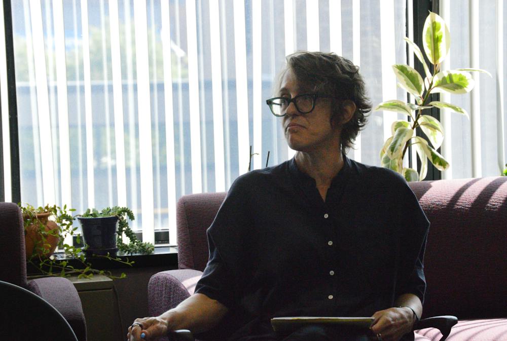Ruth Mack, English department chair and one of the professors hired for the chair positions, addresses professors and graduate students during a Sept. 14 department meeting.