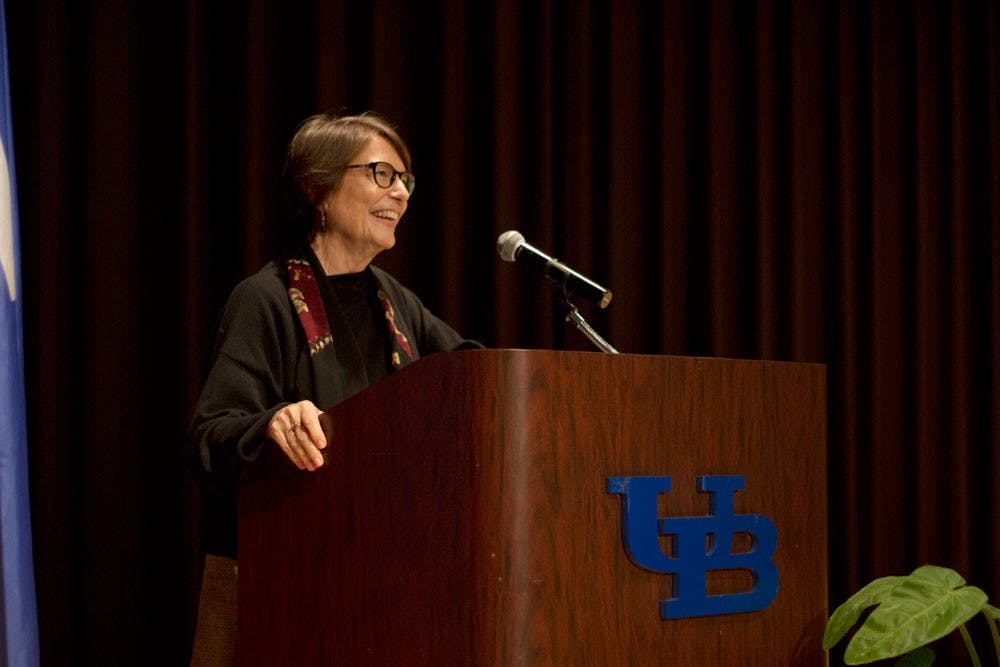 <p>Geneva Overholser speaks in the Student Union Theater on Monday about the media revolution.&nbsp;</p>