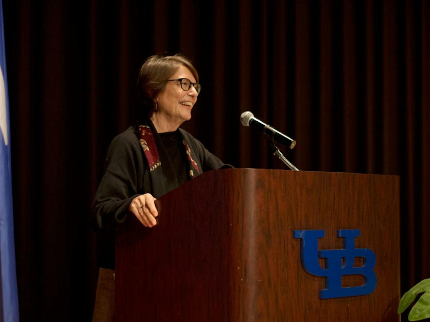 Geneva Overholser speaks in the Student Union Theater on Monday about the media revolution. 