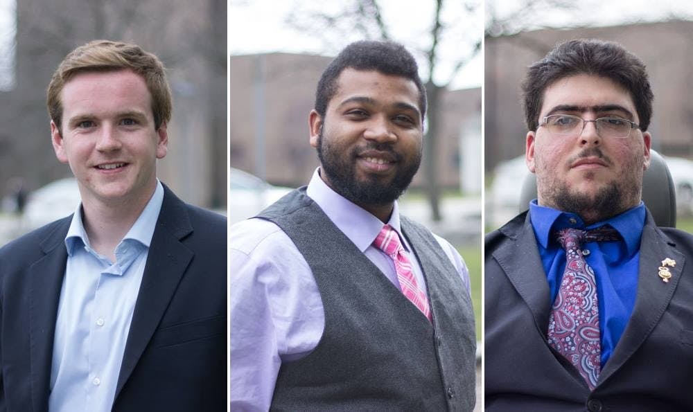 <p>(From left to right) Dan Emmons of the Progress Party, Carl Ross of the Empowerment Party and independent candidate Aaron Hussain are running for Student Association treasurer.&nbsp;</p>
