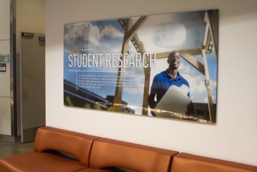 <p>Deshawn Henry, a senior civil engineering major, appears on a poster in Davis Hall and on UB engineering pamphlets displaying student research.</p>