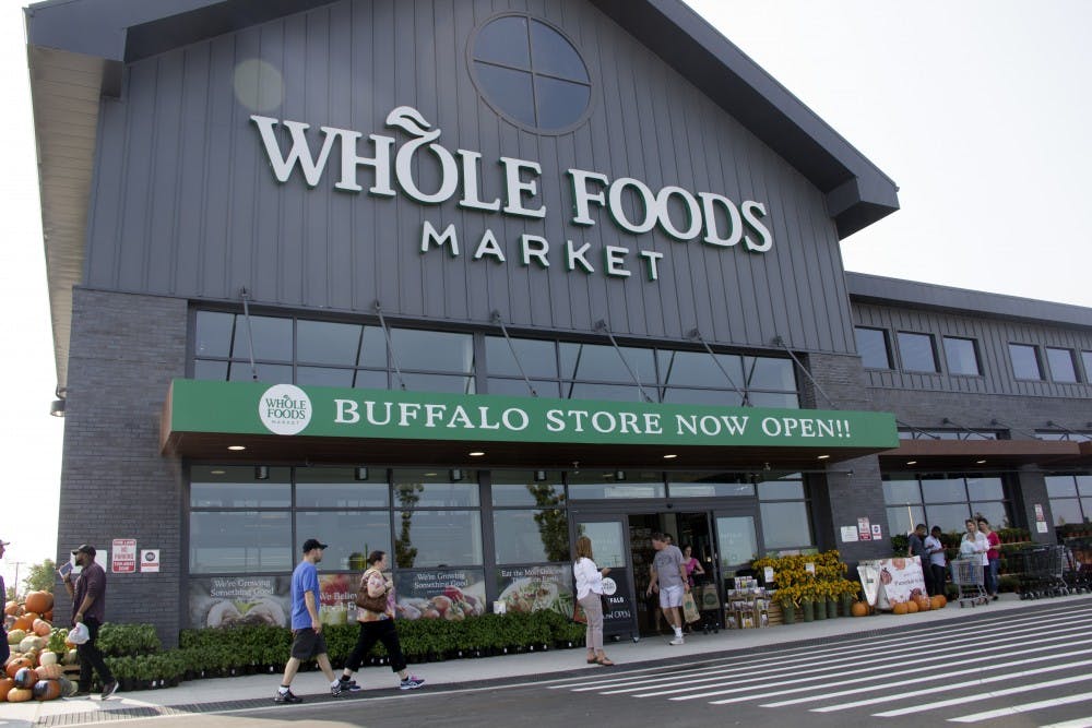 <p>Buffalo Niagara's first Whole Foods supermarket opened its doors to a crowd of more than 400 people Friday morning. People waited in line for their fair share of opening day sales and giveaways.</p>